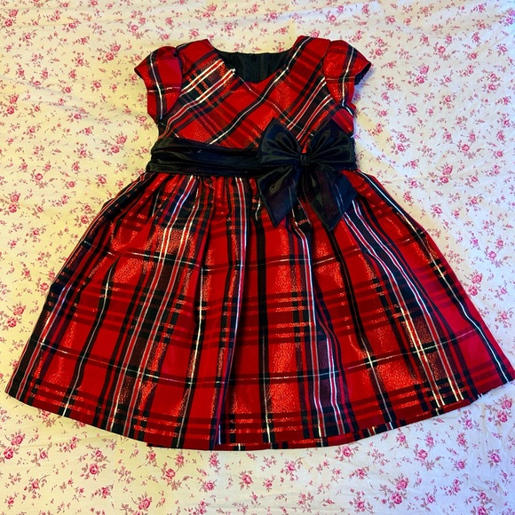 Bonnie Jean 3T Red Black Silver Plaid Christmas Dress Bow - Picture 1 of 3